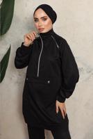 Tesettür giyim SİYAH FERMUARLI İKİLİ PANTOLONLU TAKIM T 8143