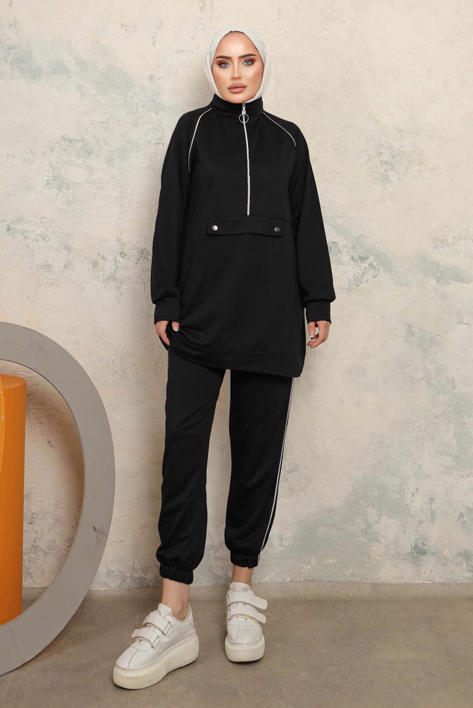 Tesettür giyim SİYAH FERMUARLI İKİLİ PANTOLONLU TAKIM T 8143