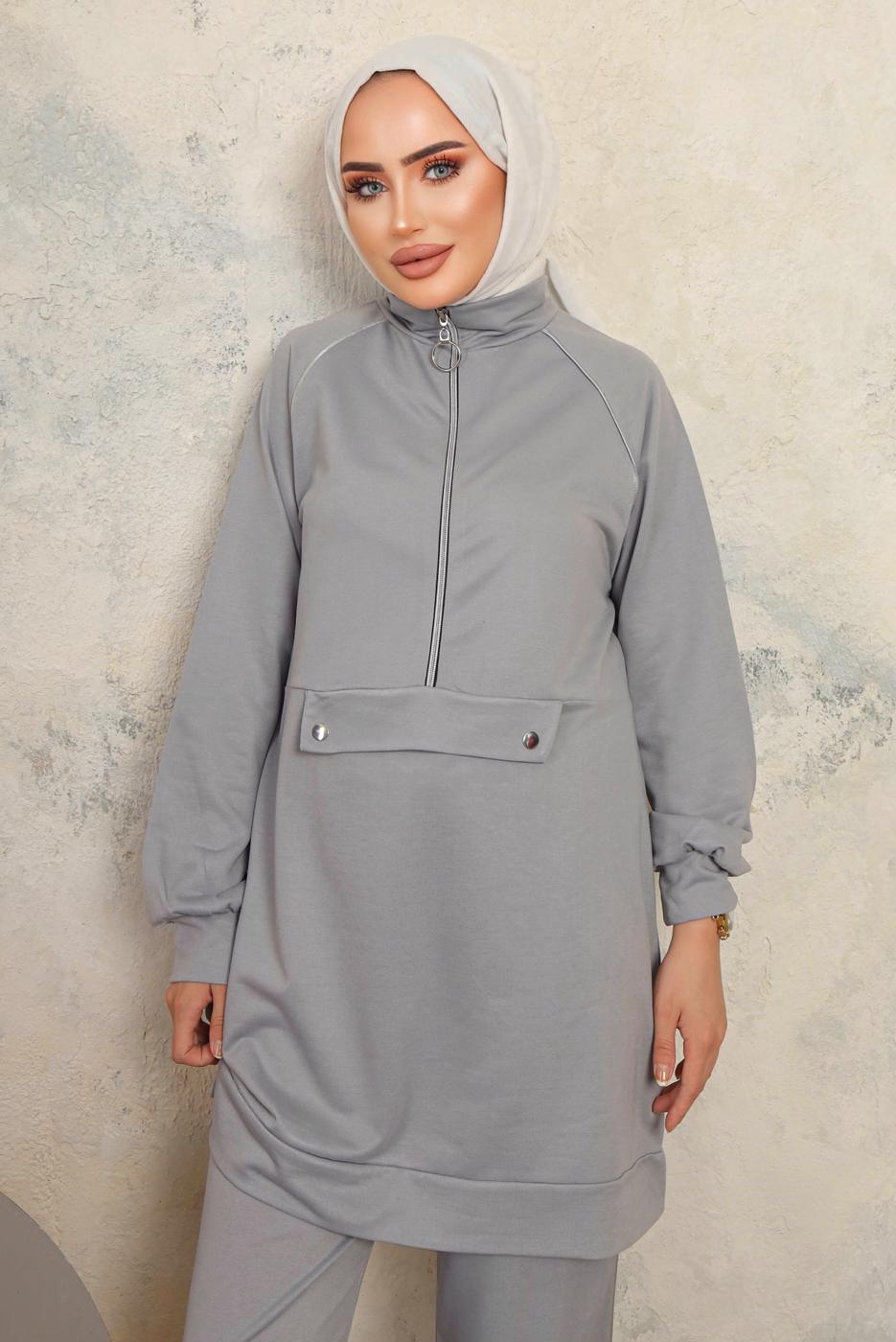 Tesettür giyim GRİ FERMUARLI İKİLİ PANTOLONLU TAKIM T 8143
