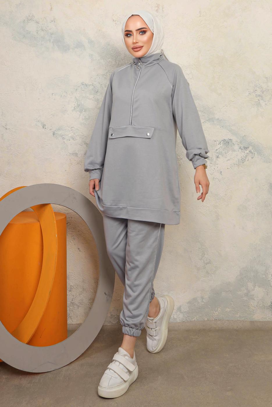 Tesettür giyim GRİ FERMUARLI İKİLİ PANTOLONLU TAKIM T 8143