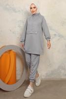 Tesettür giyim GRİ FERMUARLI İKİLİ PANTOLONLU TAKIM T 8143