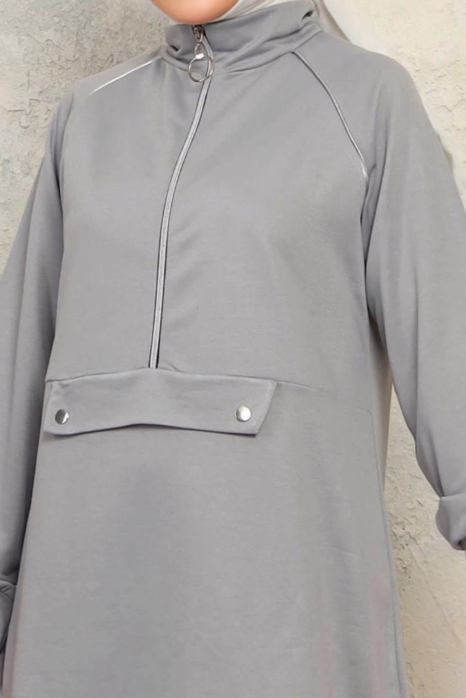 Tesettür giyim GRİ FERMUARLI İKİLİ PANTOLONLU TAKIM T 8143