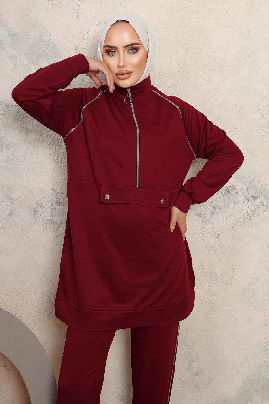 Tesettür giyim BORDO FERMUARLI İKİLİ PANTOLONLU TAKIM T 8143