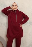 Tesettür giyim BORDO FERMUARLI İKİLİ PANTOLONLU TAKIM T 8143