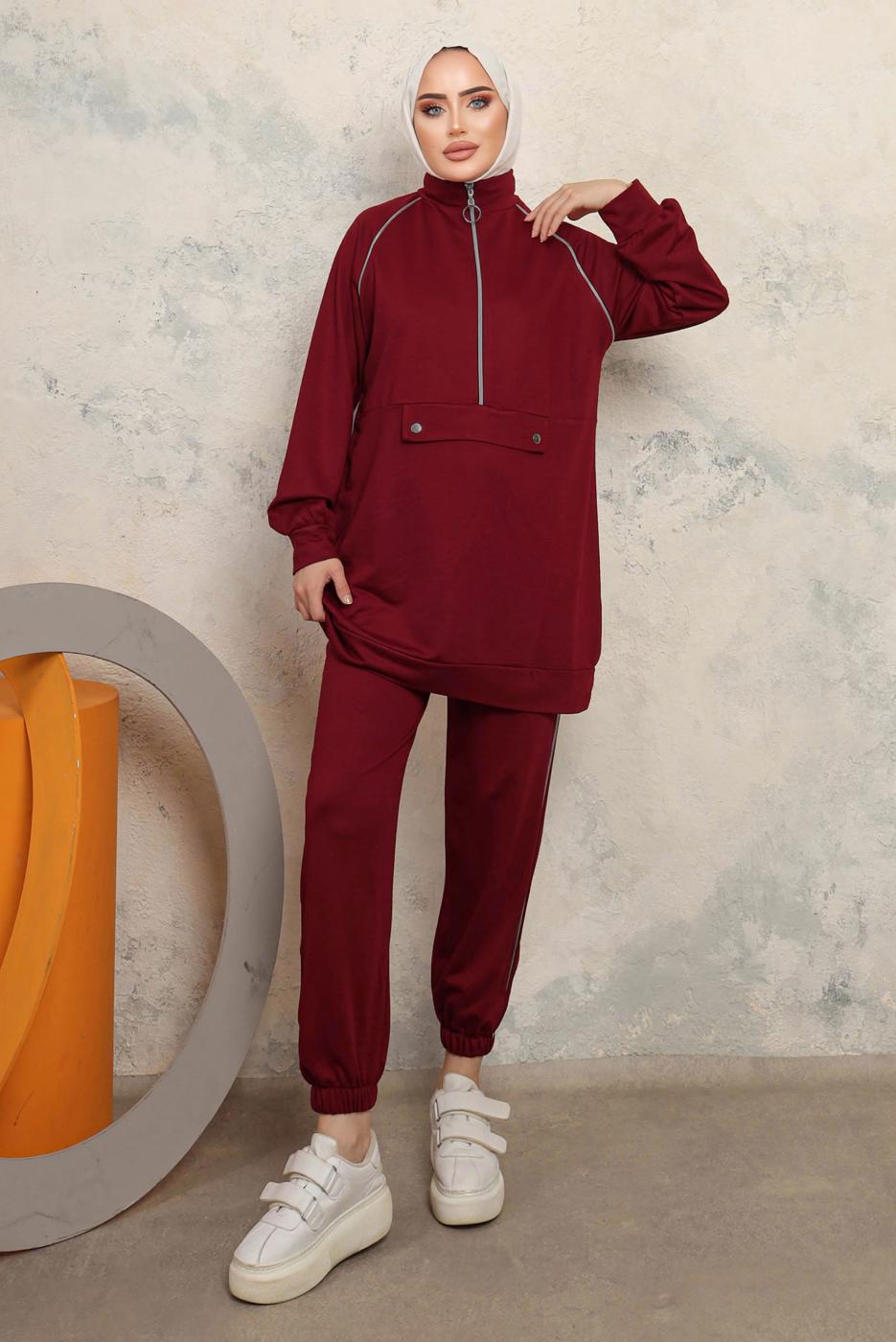 Tesettür giyim BORDO FERMUARLI İKİLİ PANTOLONLU TAKIM T 8143