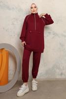 Tesettür giyim BORDO FERMUARLI İKİLİ PANTOLONLU TAKIM T 8143