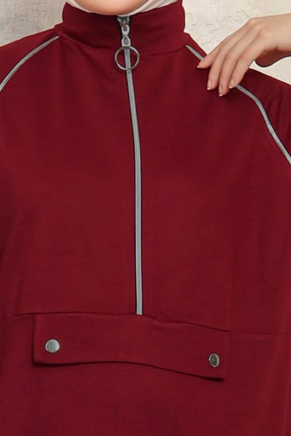 Tesettür giyim BORDO FERMUARLI İKİLİ PANTOLONLU TAKIM T 8143