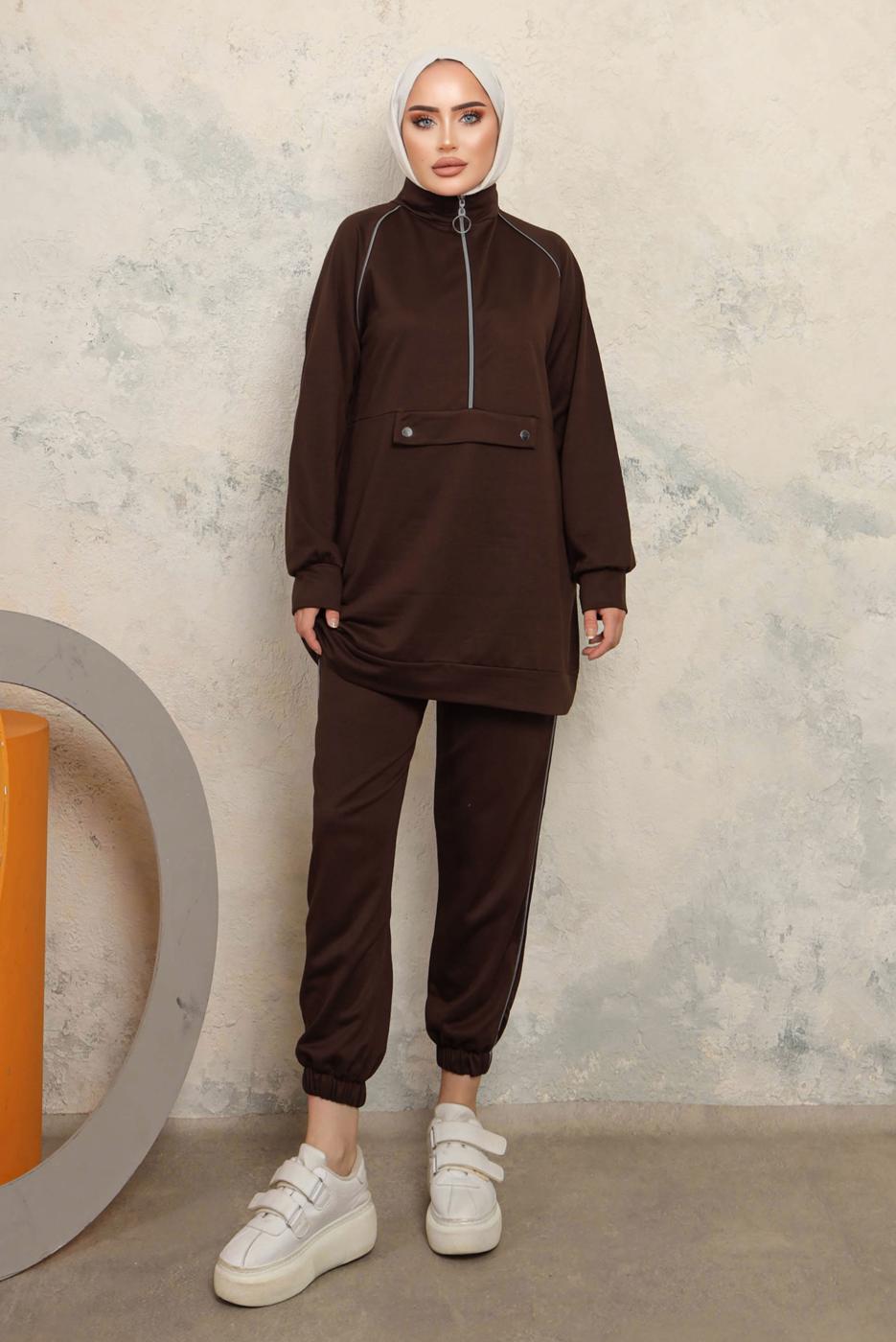 Tesettür giyim KAHVE FERMUARLI İKİLİ PANTOLONLU TAKIM T 8143