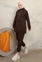Tesettür giyim KAHVE FERMUARLI İKİLİ PANTOLONLU TAKIM T 8143