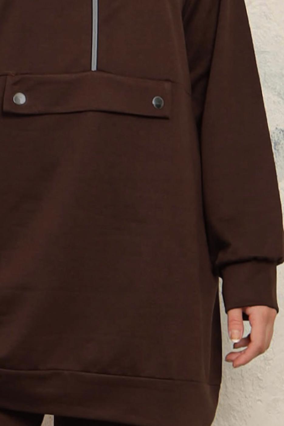 Tesettür giyim KAHVE FERMUARLI İKİLİ PANTOLONLU TAKIM T 8143