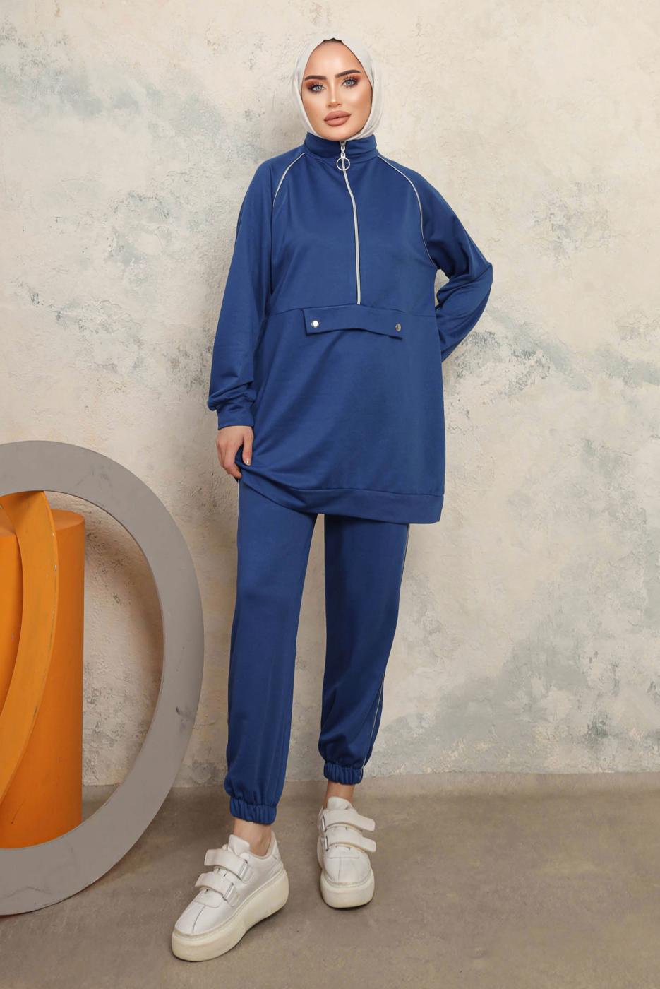 Tesettür giyim LACİVERT FERMUARLI İKİLİ PANTOLONLU TAKIM T 8143