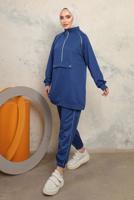 Tesettür giyim LACİVERT FERMUARLI İKİLİ PANTOLONLU TAKIM T 8143