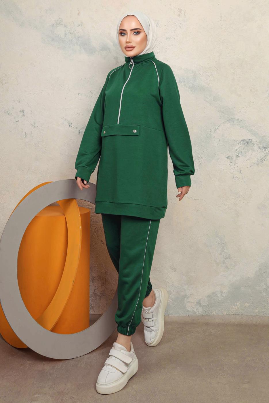 Tesettür giyim YEŞİL FERMUARLI İKİLİ PANTOLONLU TAKIM T 8143