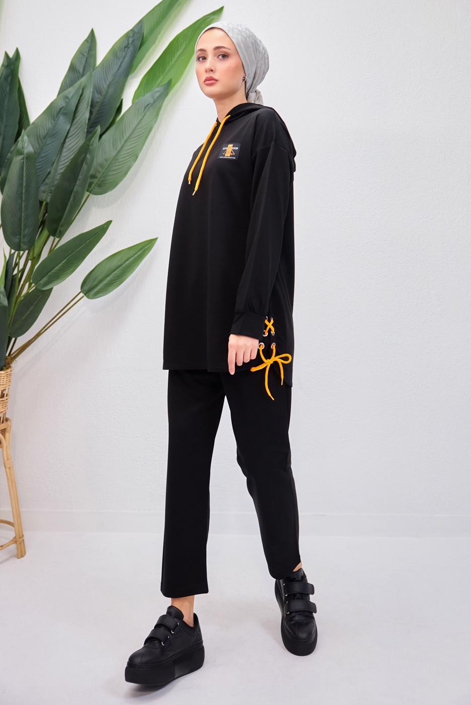 Tesettür giyim SİYAH KAPÜŞONLU PANTOLONLU TAKIM T 8153