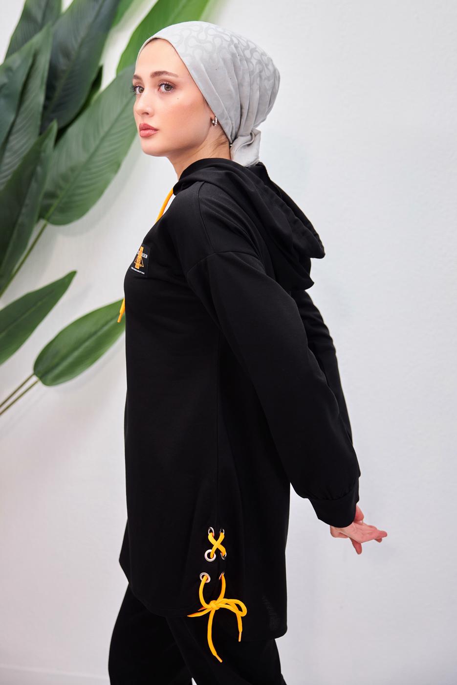 Tesettür giyim SİYAH KAPÜŞONLU PANTOLONLU TAKIM T 8153