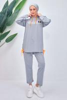 Tesettür giyim GRİ KAPÜŞONLU PANTOLONLU TAKIM T 8153