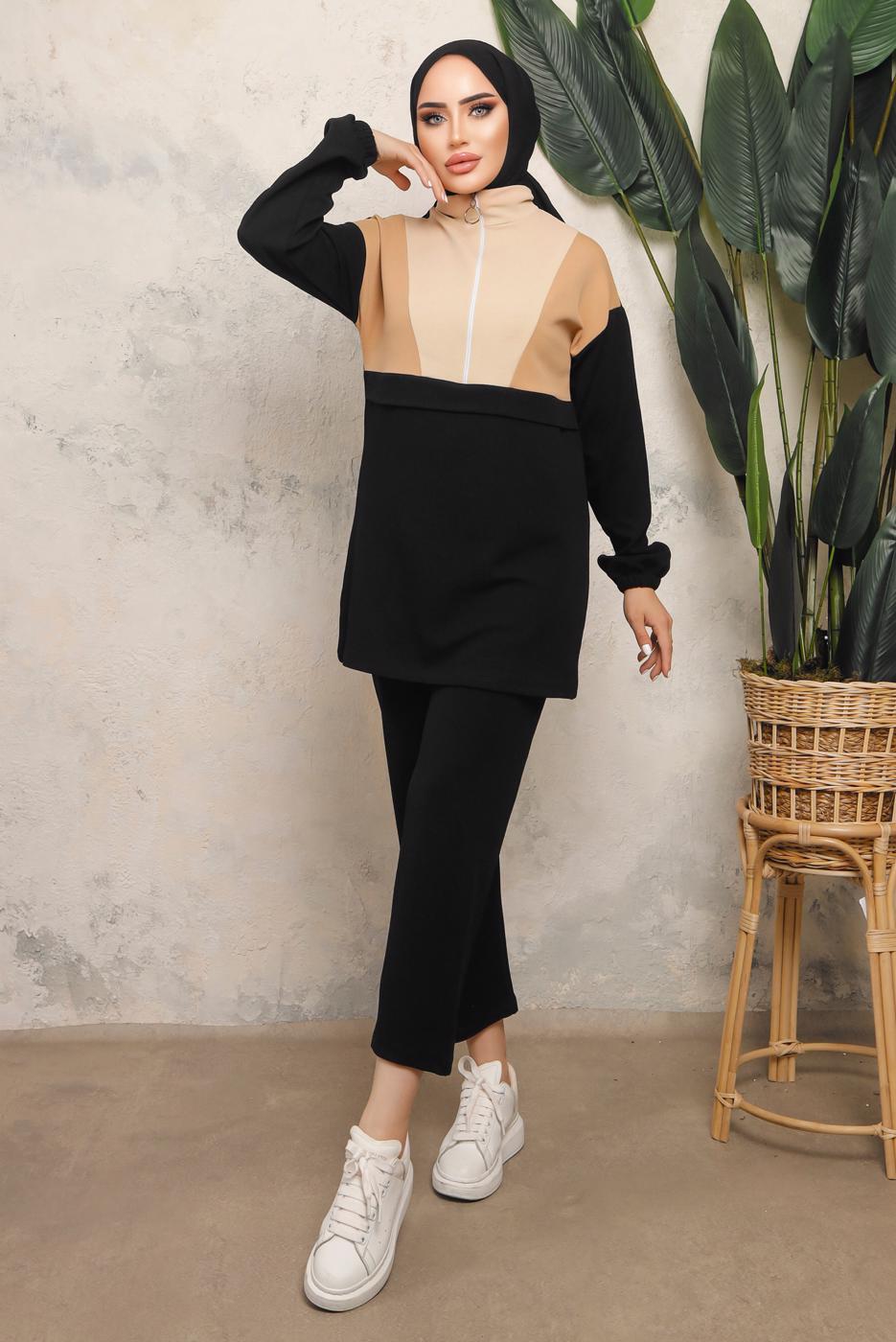 Tesettür giyim SİYAH RENK BLOKLU FERMUARLI PANTOLONLU TAKIM T 8243