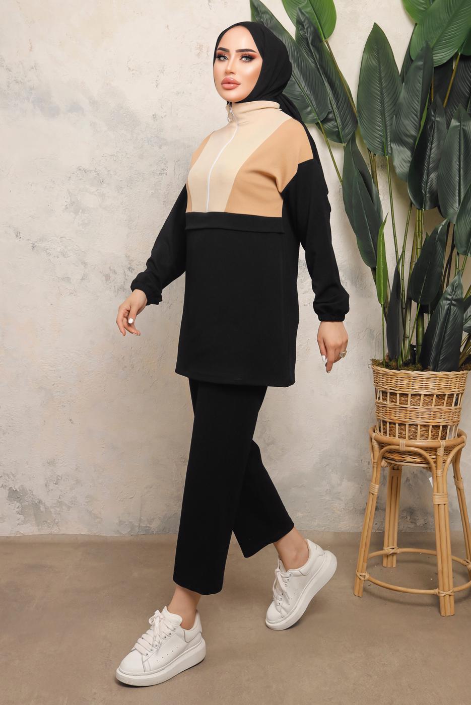 Tesettür giyim SİYAH RENK BLOKLU FERMUARLI PANTOLONLU TAKIM T 8243