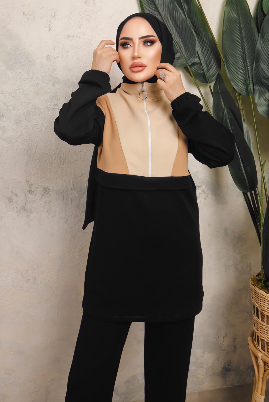 Tesettür giyim SİYAH RENK BLOKLU FERMUARLI PANTOLONLU TAKIM T 8243