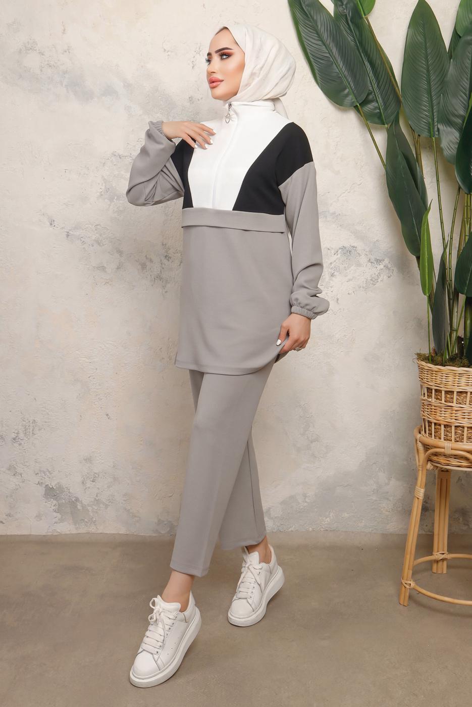 Tesettür giyim GRİ RENK BLOKLU FERMUARLI PANTOLONLU TAKIM T 8243