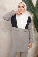 Tesettür giyim GRİ RENK BLOKLU FERMUARLI PANTOLONLU TAKIM T 8243