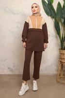 Tesettür giyim KAHVE RENK BLOKLU FERMUARLI PANTOLONLU TAKIM T 8243