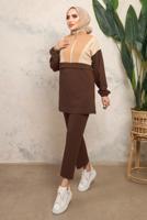 Tesettür giyim KAHVE RENK BLOKLU FERMUARLI PANTOLONLU TAKIM T 8243