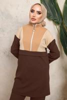 Tesettür giyim KAHVE RENK BLOKLU FERMUARLI PANTOLONLU TAKIM T 8243