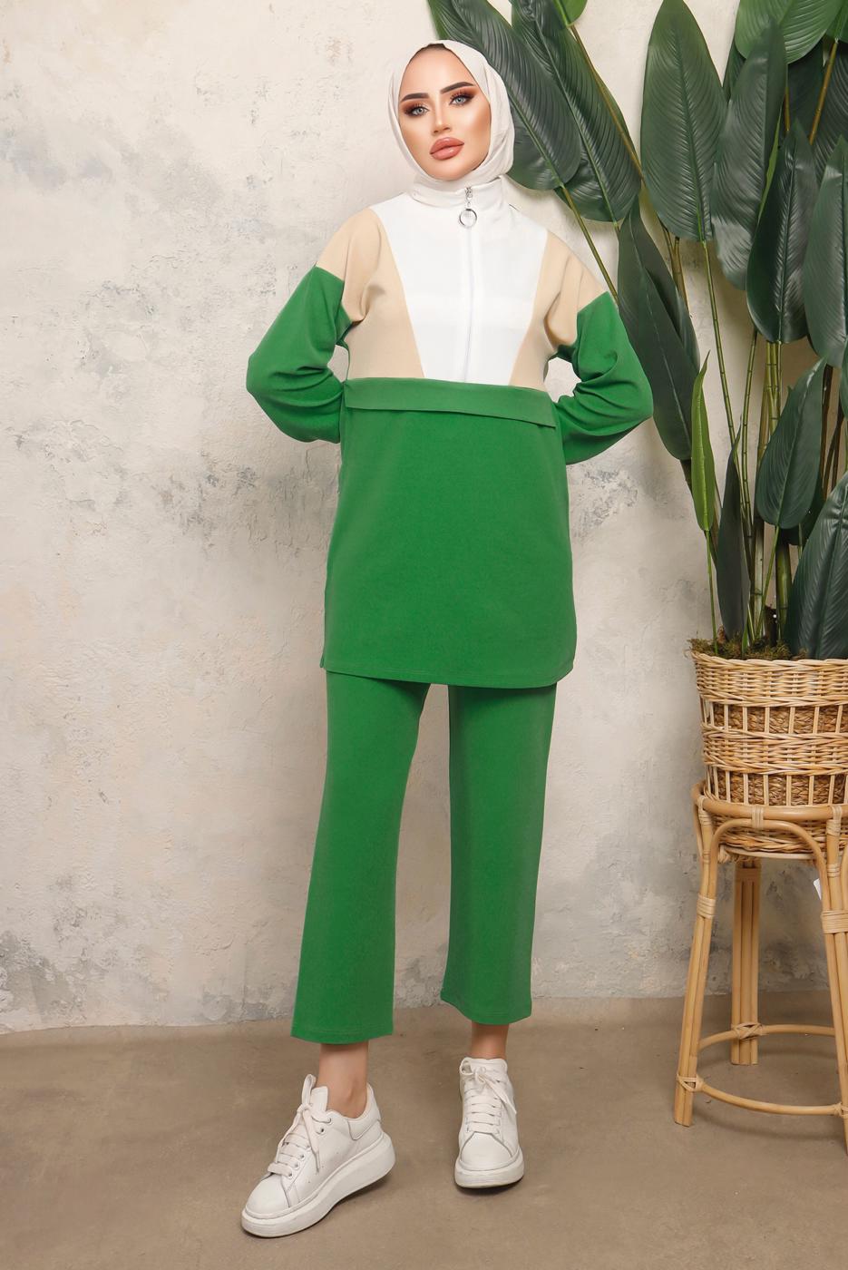 Tesettür giyim YEŞİL RENK BLOKLU FERMUARLI PANTOLONLU TAKIM T 8243