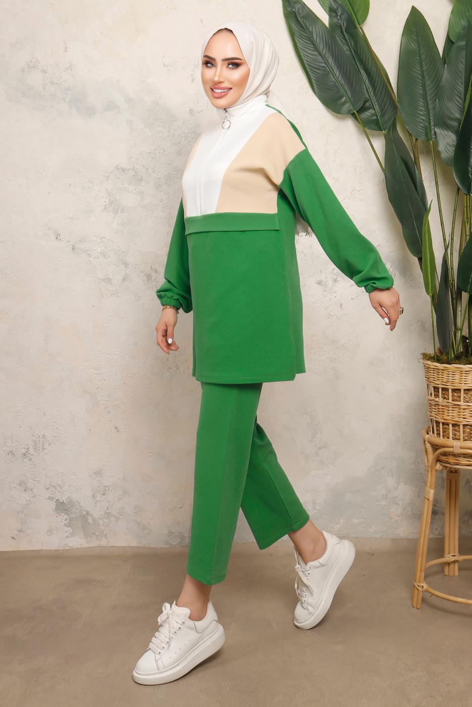 Tesettür giyim YEŞİL RENK BLOKLU FERMUARLI PANTOLONLU TAKIM T 8243