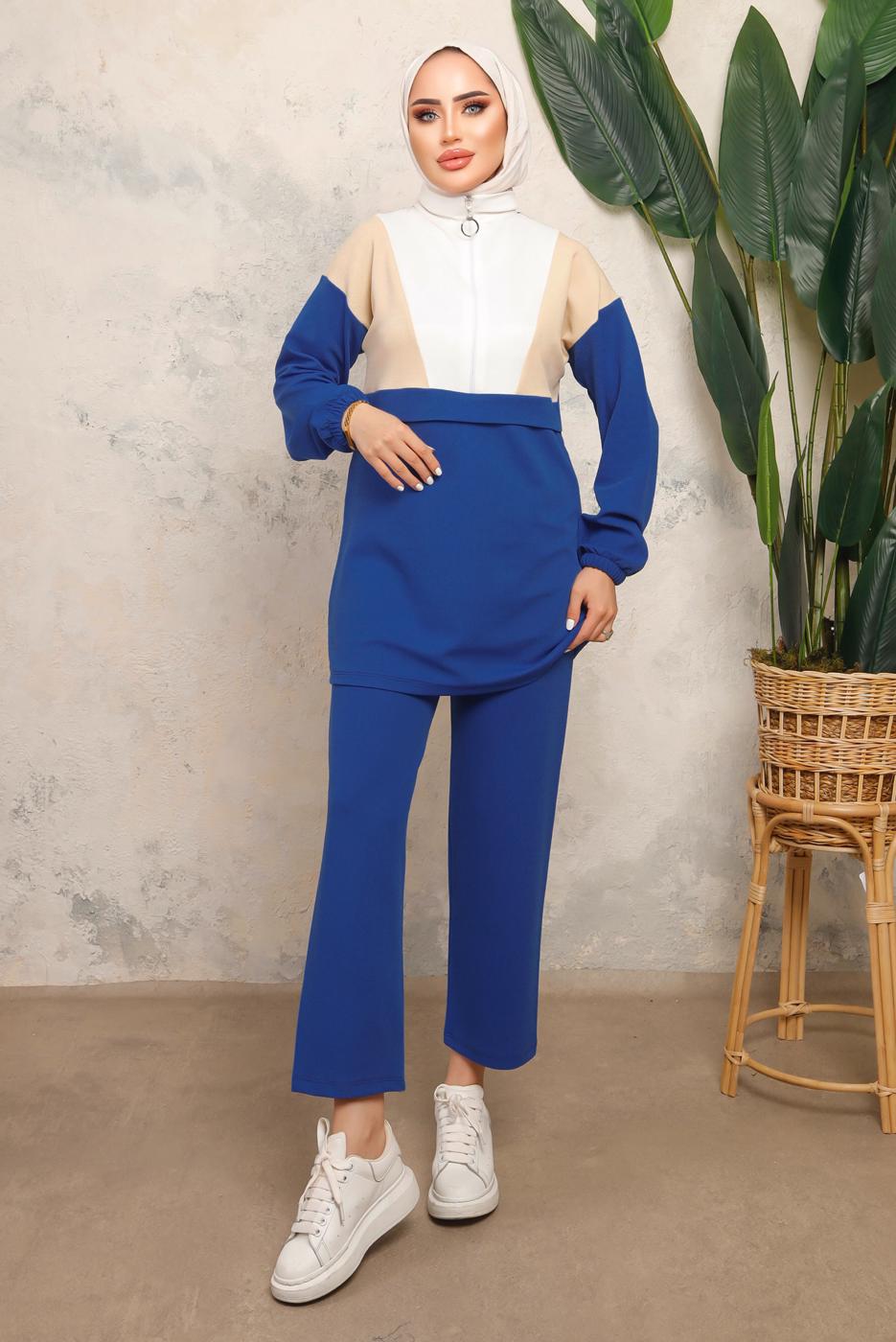 Tesettür giyim LACİVERT RENK BLOKLU FERMUARLI PANTOLONLU TAKIM T 8243