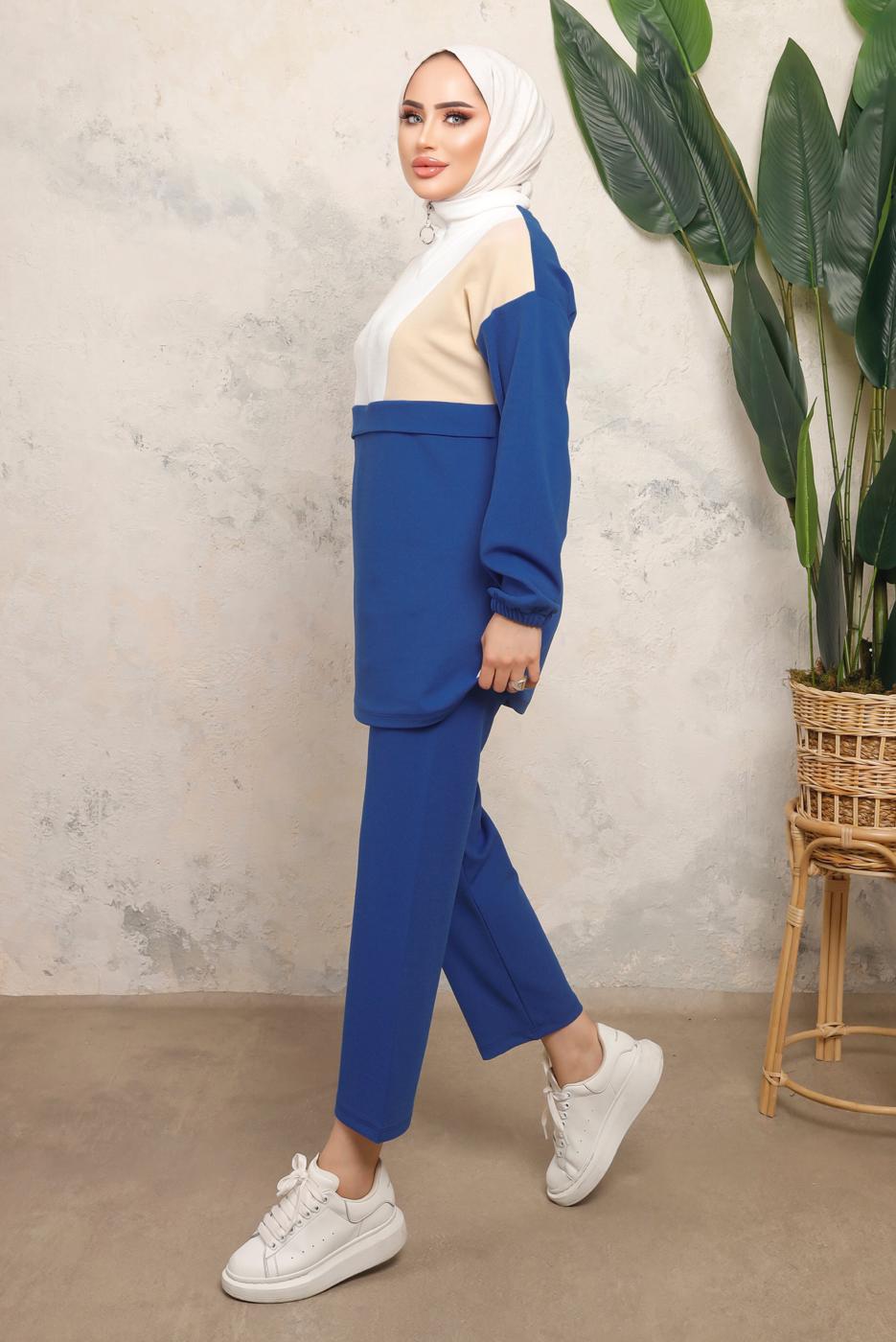 Tesettür giyim LACİVERT RENK BLOKLU FERMUARLI PANTOLONLU TAKIM T 8243