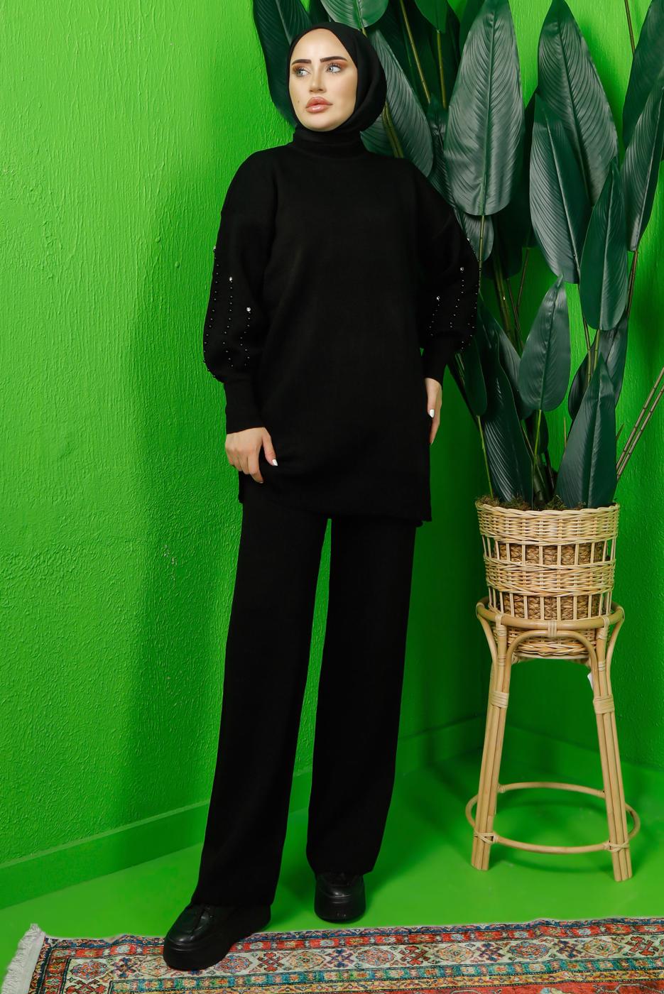 Tesettür giyim SİYAH KOLU BONCUK İŞLEMELİ PANTOLONLU TRİKO TAKIM T 8408