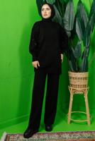 Tesettür giyim SİYAH KOLU BONCUK İŞLEMELİ PANTOLONLU TRİKO TAKIM T 8408
