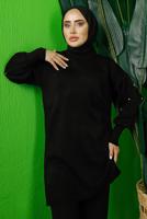 Tesettür giyim SİYAH KOLU BONCUK İŞLEMELİ PANTOLONLU TRİKO TAKIM T 8408