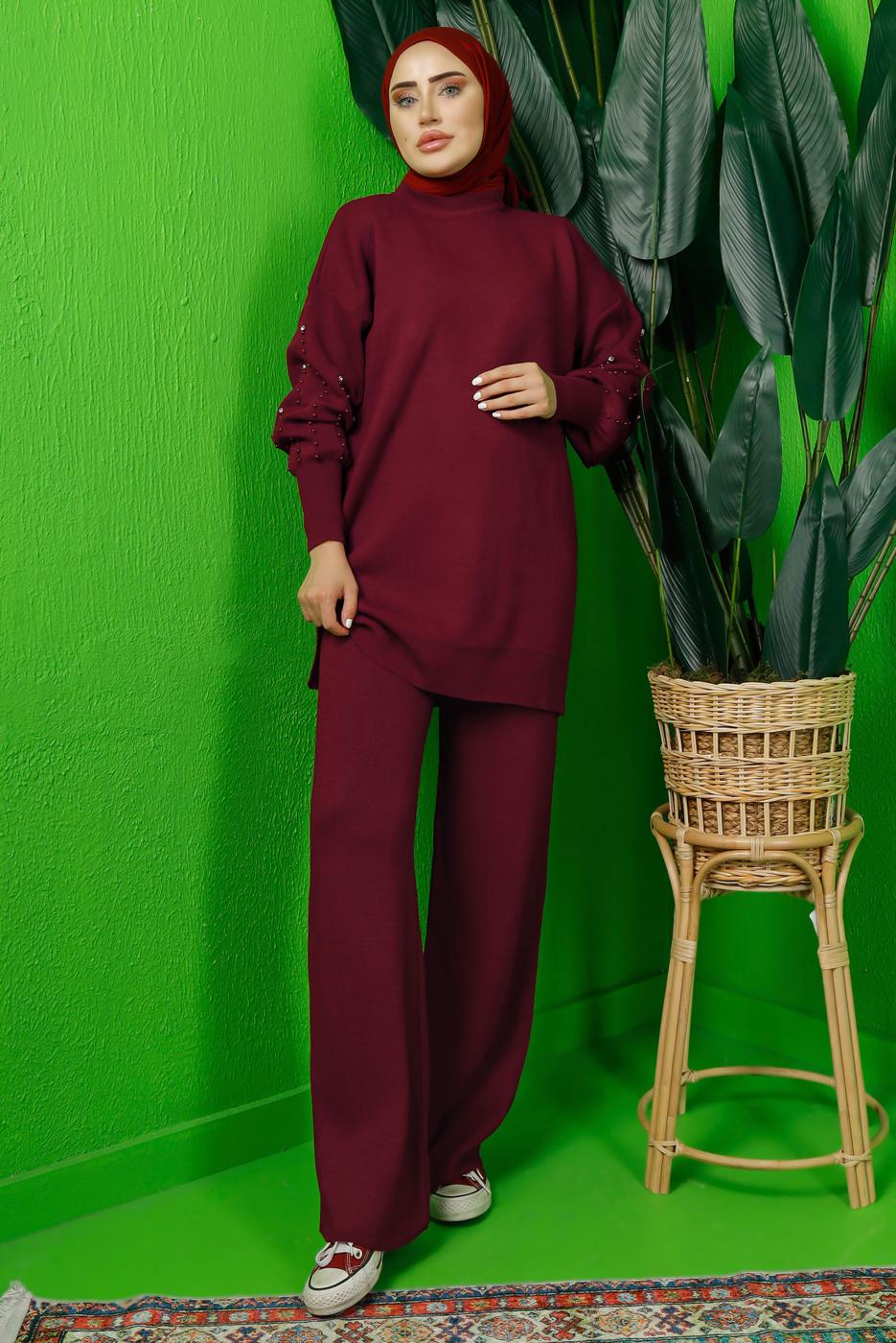 Tesettür giyim BORDO KOLU BONCUK İŞLEMELİ PANTOLONLU TRİKO TAKIM T 8408
