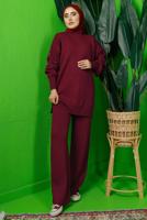 Tesettür giyim BORDO KOLU BONCUK İŞLEMELİ PANTOLONLU TRİKO TAKIM T 8408