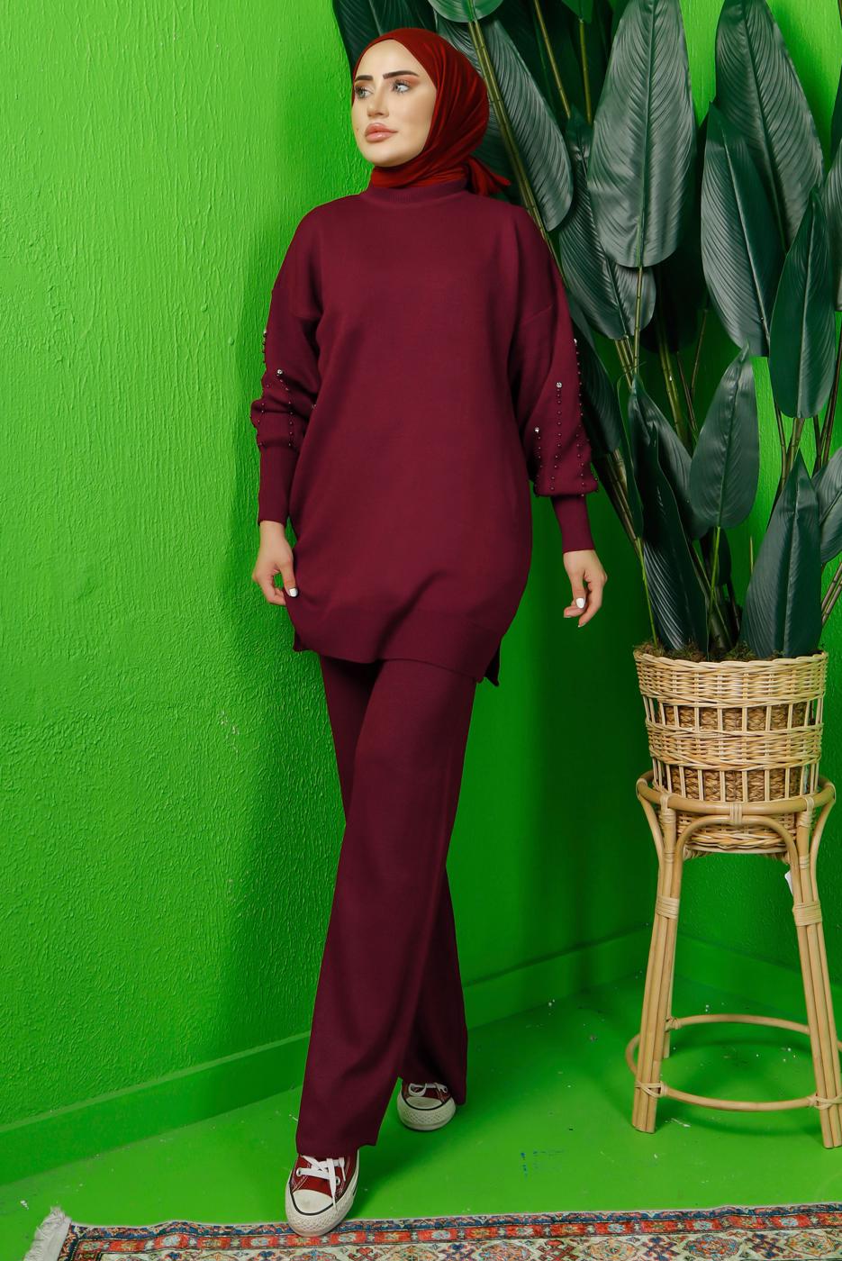 Tesettür giyim BORDO KOLU BONCUK İŞLEMELİ PANTOLONLU TRİKO TAKIM T 8408