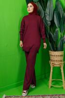 Tesettür giyim BORDO KOLU BONCUK İŞLEMELİ PANTOLONLU TRİKO TAKIM T 8408