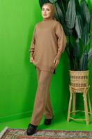 Hijab clothing BROWN BEADED SLEEVE KNITWEAR PANTS SUIT T 8408