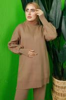 Hijab clothing BROWN BEADED SLEEVE KNITWEAR PANTS SUIT T 8408