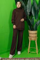 Tesettür giyim KAHVE KOLU BONCUK İŞLEMELİ PANTOLONLU TRİKO TAKIM T 8408