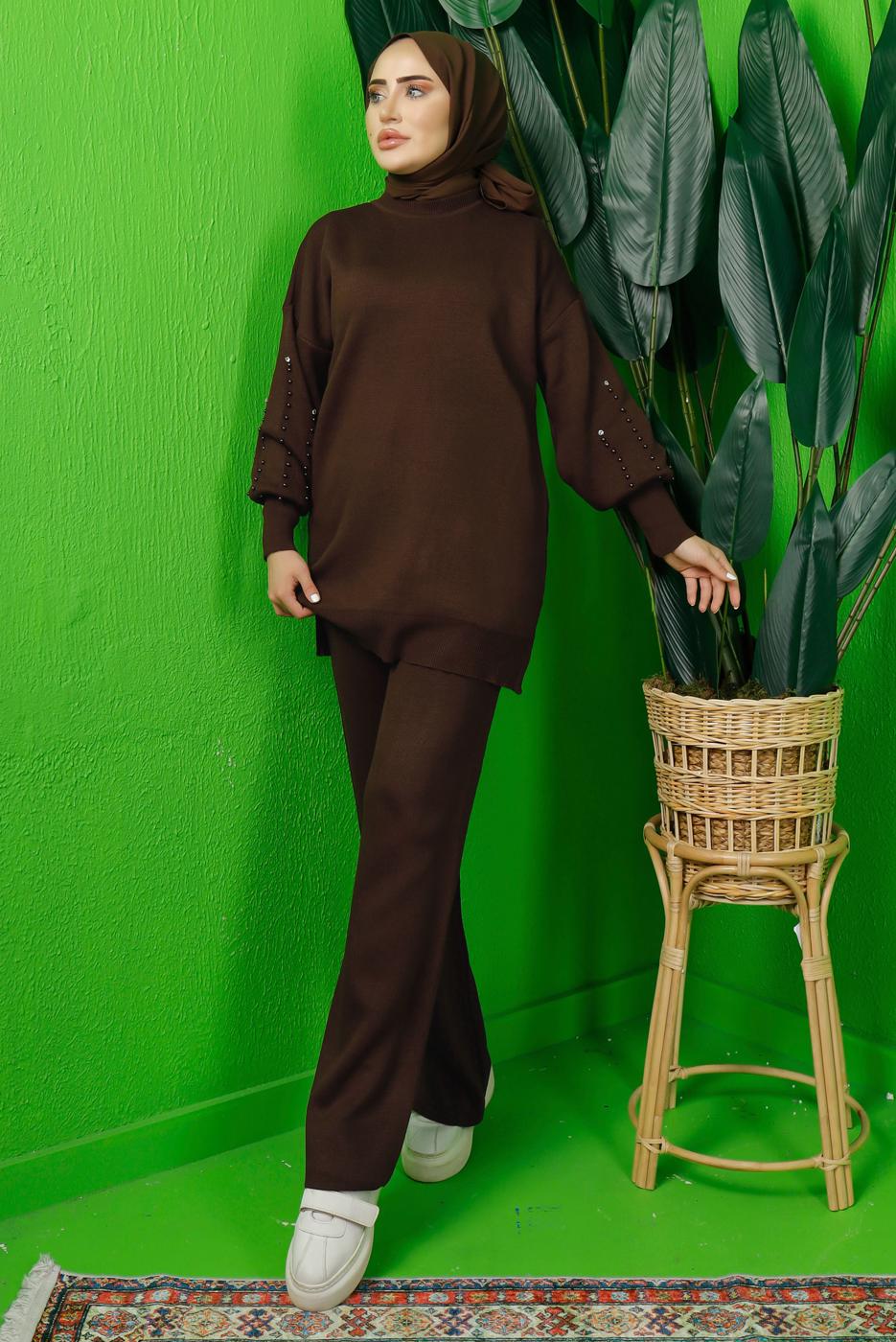 Tesettür giyim KAHVE KOLU BONCUK İŞLEMELİ PANTOLONLU TRİKO TAKIM T 8408
