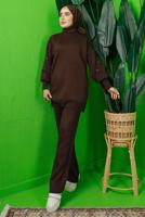 Tesettür giyim KAHVE KOLU BONCUK İŞLEMELİ PANTOLONLU TRİKO TAKIM T 8408