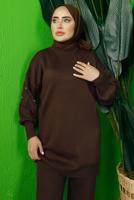 Tesettür giyim KAHVE KOLU BONCUK İŞLEMELİ PANTOLONLU TRİKO TAKIM T 8408