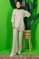 Tesettür giyim BEJ KOLU BONCUK İŞLEMELİ PANTOLONLU TRİKO TAKIM T 8408