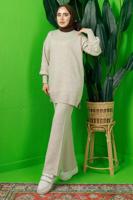 Tesettür giyim BEJ KOLU BONCUK İŞLEMELİ PANTOLONLU TRİKO TAKIM T 8408