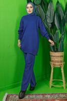 Tesettür giyim LACİVERT KOLU BONCUK İŞLEMELİ PANTOLONLU TRİKO TAKIM T 8408