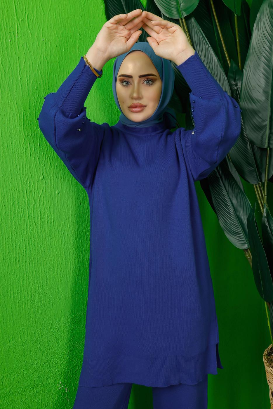 Tesettür giyim LACİVERT KOLU BONCUK İŞLEMELİ PANTOLONLU TRİKO TAKIM T 8408