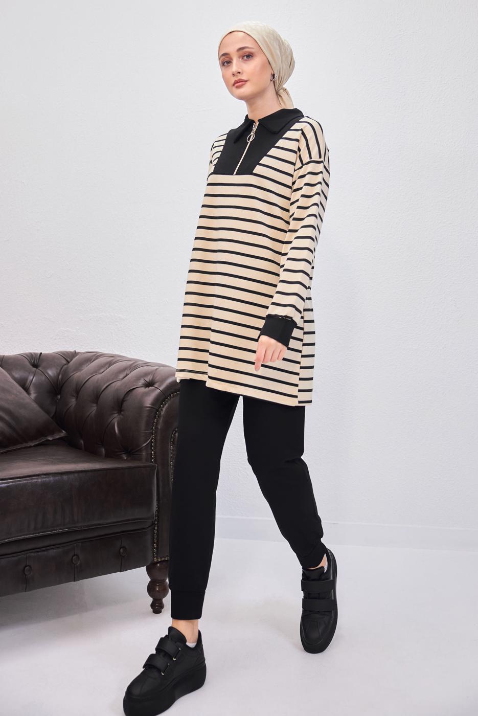 Tesettür giyim SİYAH ÇİZGİLİ PANTOLONLU TAKIM T 8643